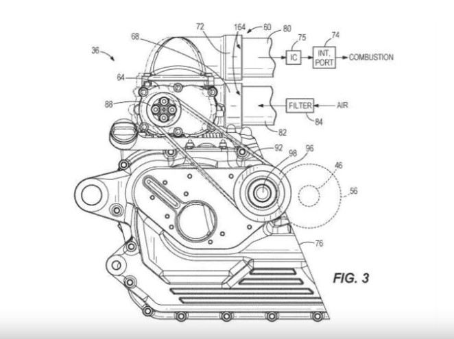 Patent images show the working of the supercharger on the v-twin engine